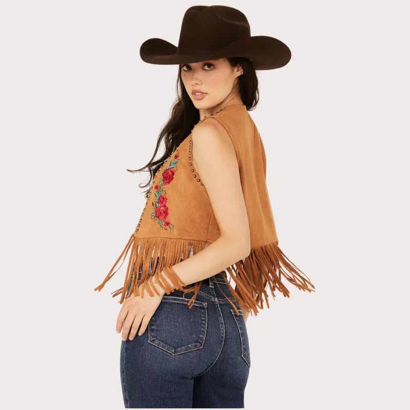 Women's Embroidered Rose Faux Suede Fringe Vest image 3
