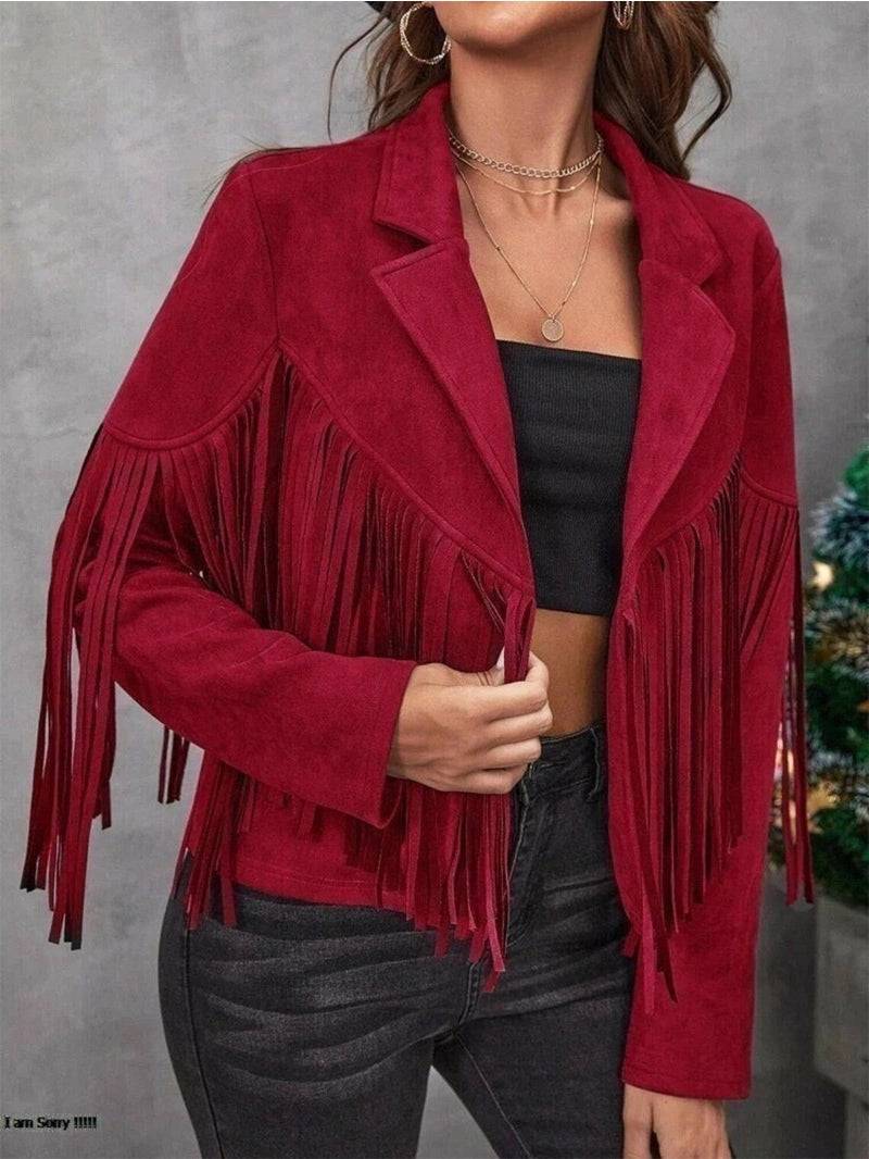 Western Suede Fringe Leather Jacket - Burgundy image 4