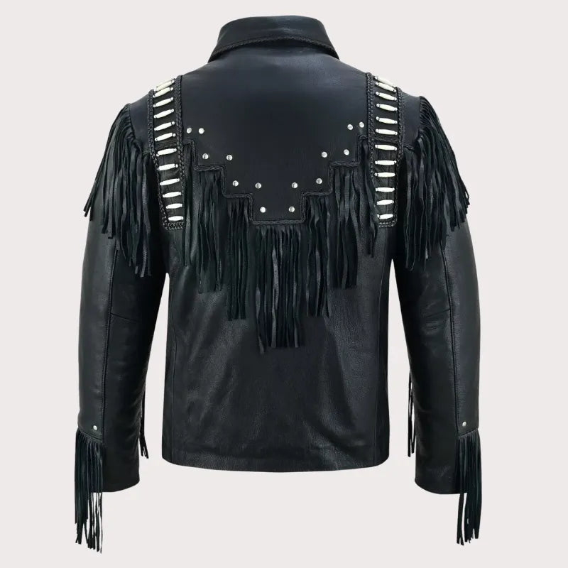 Men Black Studded Fringes White Beads Leather Jacket image 3