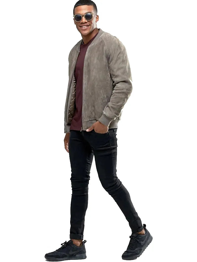 Mens Grey Suede Bomber Jacket image 3