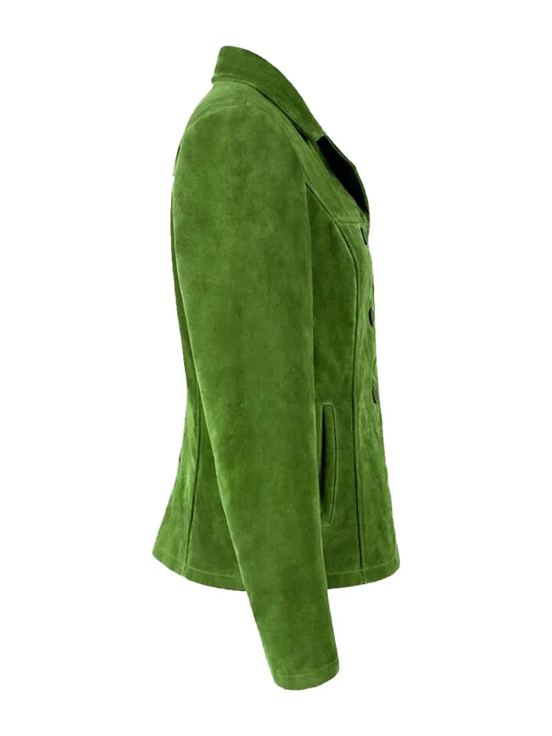 Lime Green Suede Leather Classic Blazer Button Jacket for Women image 2