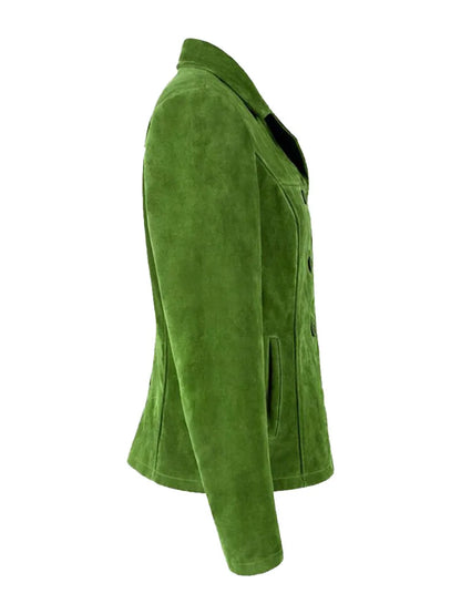 Lime Green Suede Leather Classic Blazer Button Jacket for Women image 2
