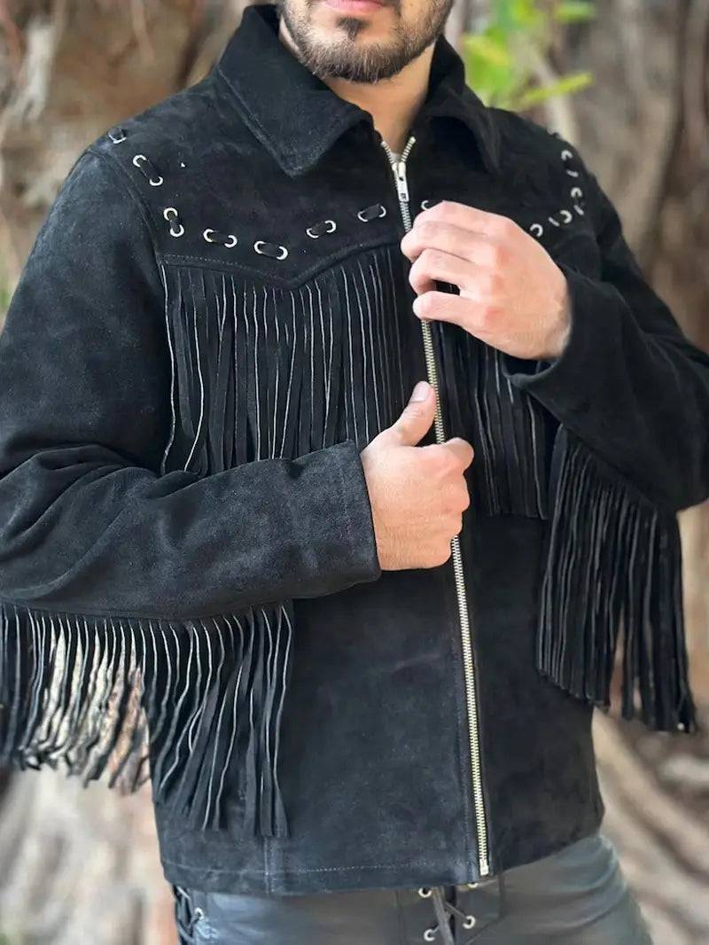 Men's Western Style Suede Leather Fringe Jacket image 0
