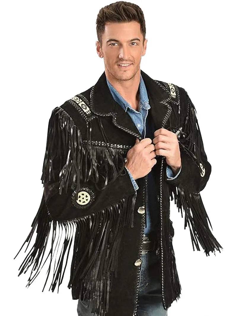Black Western Coat Mens Leather Button Fringe Jacket image 1