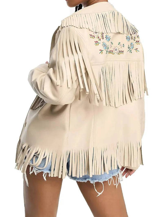 Women embroidered fringe leather jacket image 1