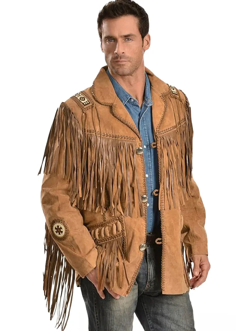 Black Western Coat Mens Leather Button Fringe Jacket image 6