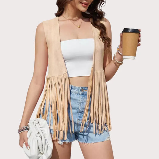 Women's Fringe Vest 70s Hippie Faux Suede Rivets Sleeveless Fringe Jacket image 0