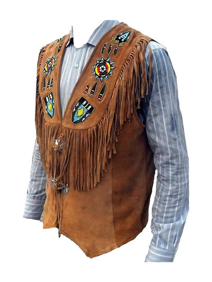 Mens Western Brown Fringe Leather Vest image 1