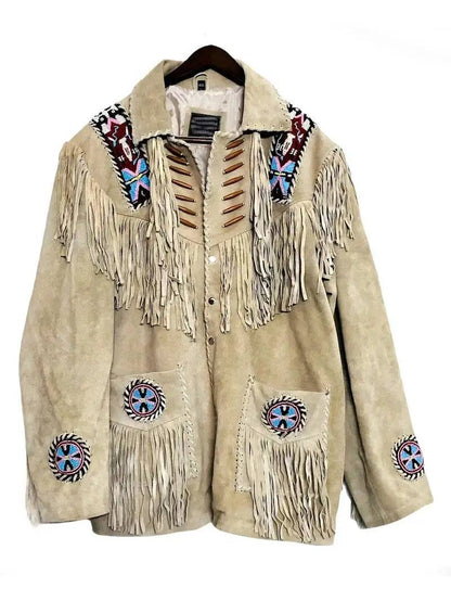 Western Beaded Suede Fringe Leather jacket - Cream image 0