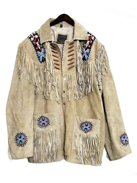 Western Beaded Suede Fringe Leather jacket - Cream image 0