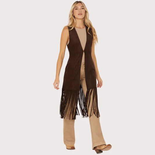 Shyanne Women's Embossed Southwestern Print Fringe Faux Suede Vest image 0