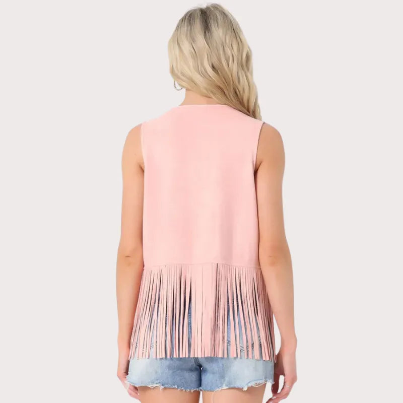 Women's 70s Western Open Front Faux Suede Fringe Vest image 3