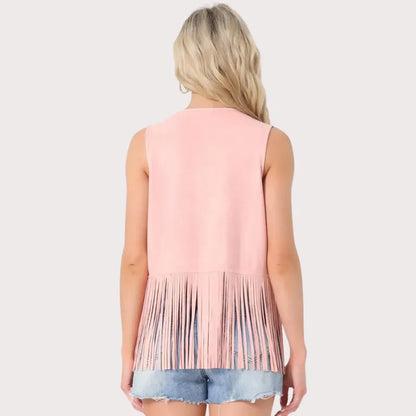 Women's 70s Western Open Front Faux Suede Fringe Vest image 3