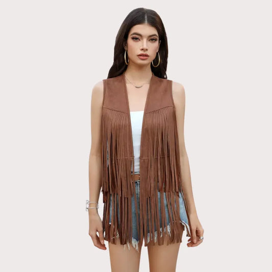 Women's Fringe Vest 70s Hippie Faux Suede Rivets Sleeveless Costume Fringe Jacket image 0