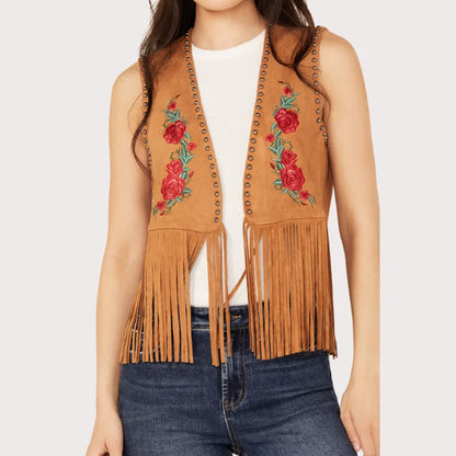 Women's Embroidered Rose Faux Suede Fringe Vest image 2