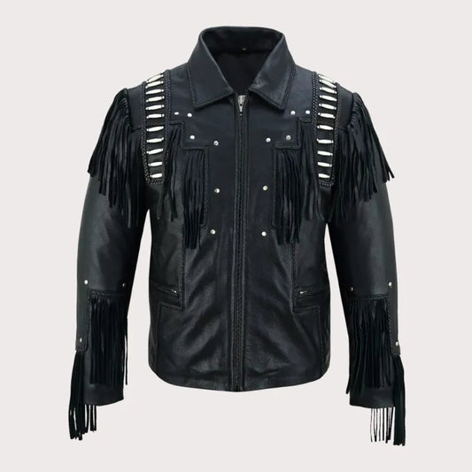 Men Black Studded Fringes White Beads Leather Jacket image 0
