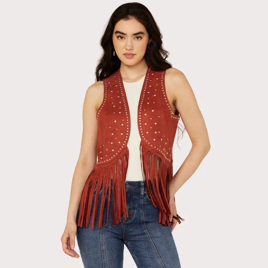 Rock & Roll Denim Women's Faux Suede Studded Fringe Vest image 0