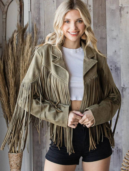 Olive Green Suede Fringe Jacket For Women image 0