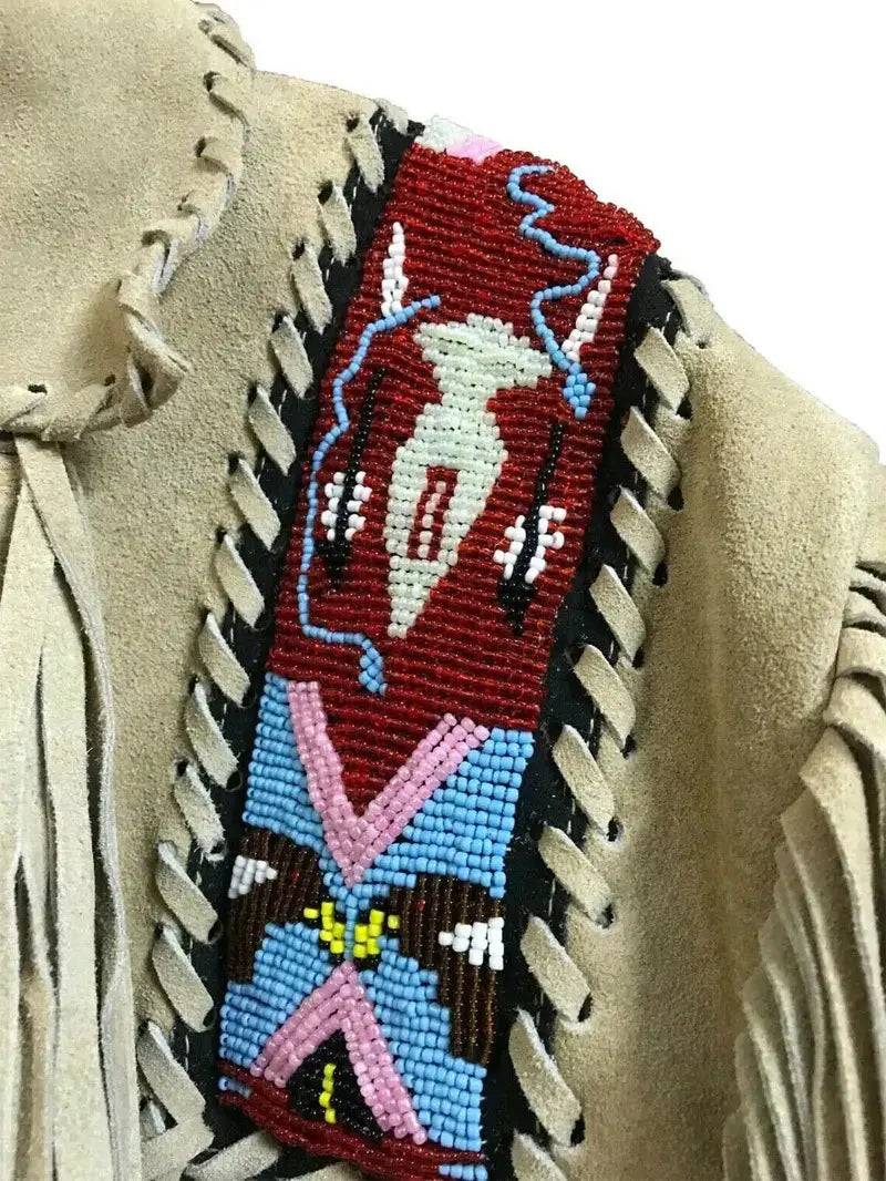 Western Beaded Suede Fringe Leather jacket - Cream image 2
