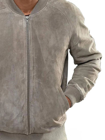 Mens Grey Suede Bomber Jacket image 2
