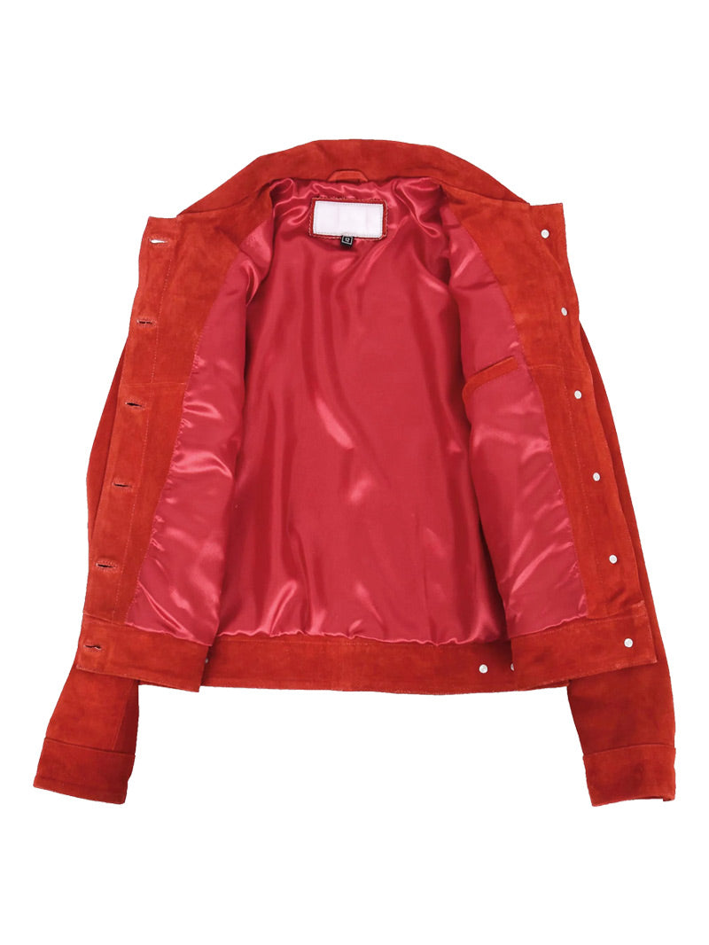Women Trucker Red Suede Leather Jacket image 4