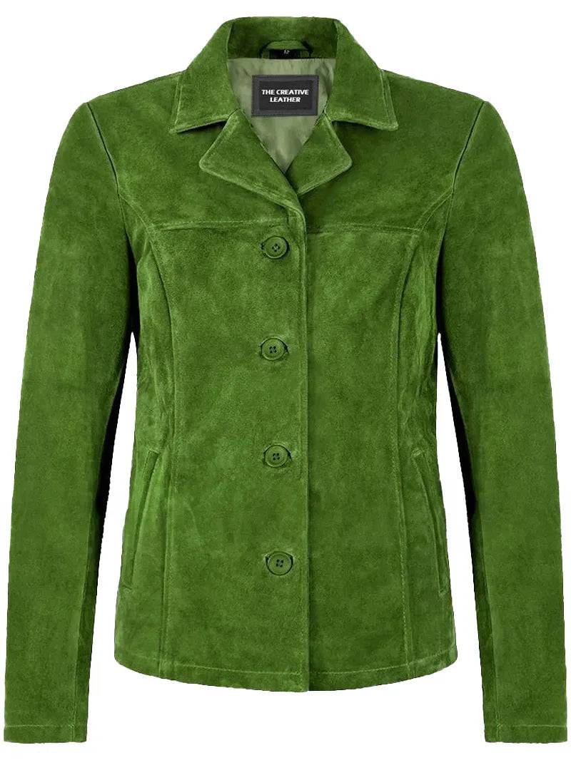 Lime Green Suede Leather Classic Blazer Button Jacket for Women image 0
