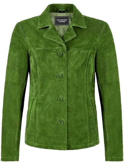 Lime Green Suede Leather Classic Blazer Button Jacket for Women image 0
