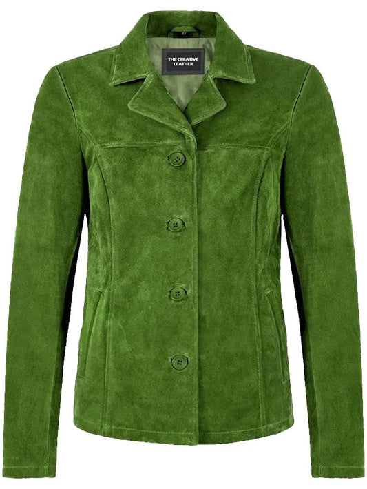 Lime Green Suede Leather Classic Blazer Button Jacket for Women image 0