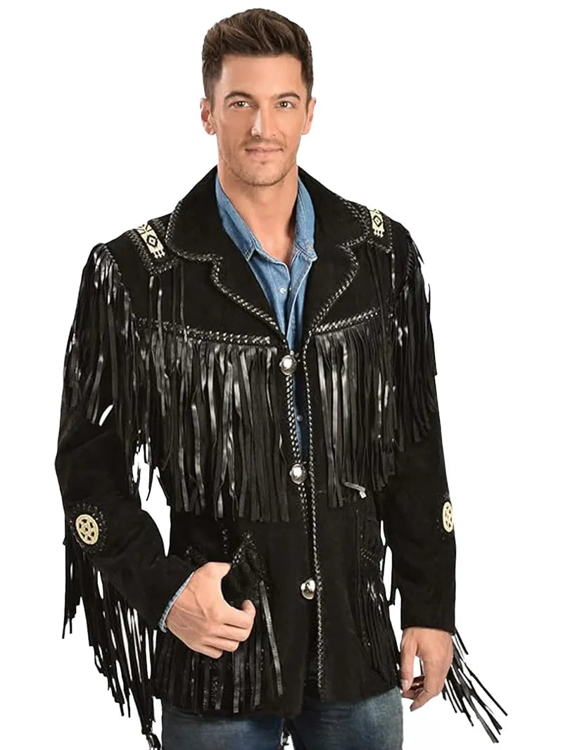 Black Western Coat Mens Leather Button Fringe Jacket image 0