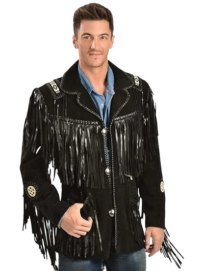 Black Western Coat Mens Leather Button Fringe Jacket image 0