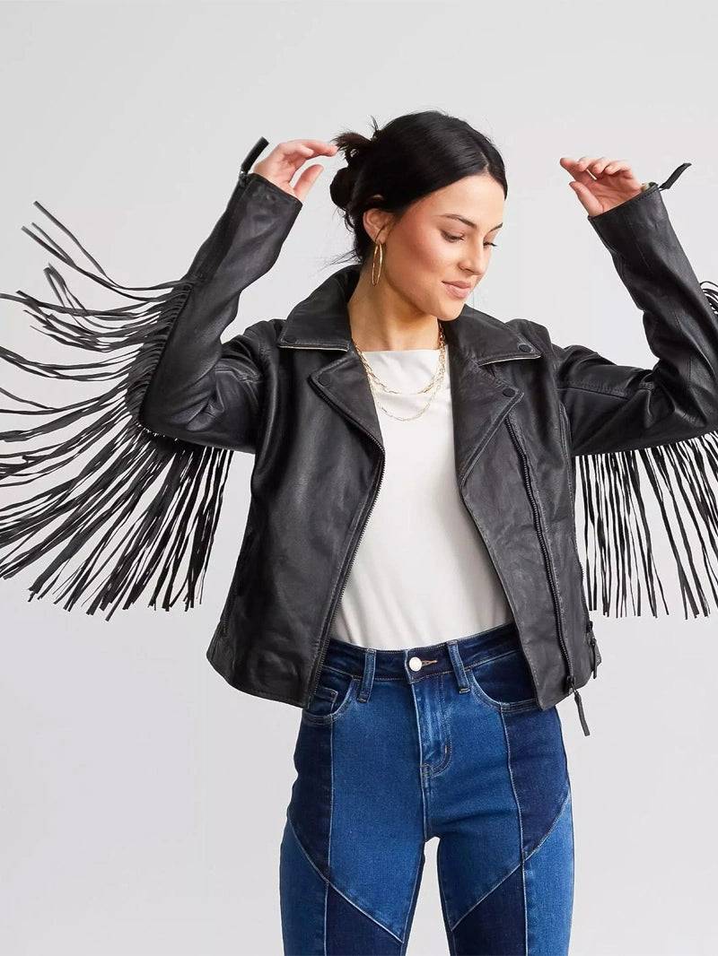 Crissy Star Leather Fringe Jacket - Black image 0