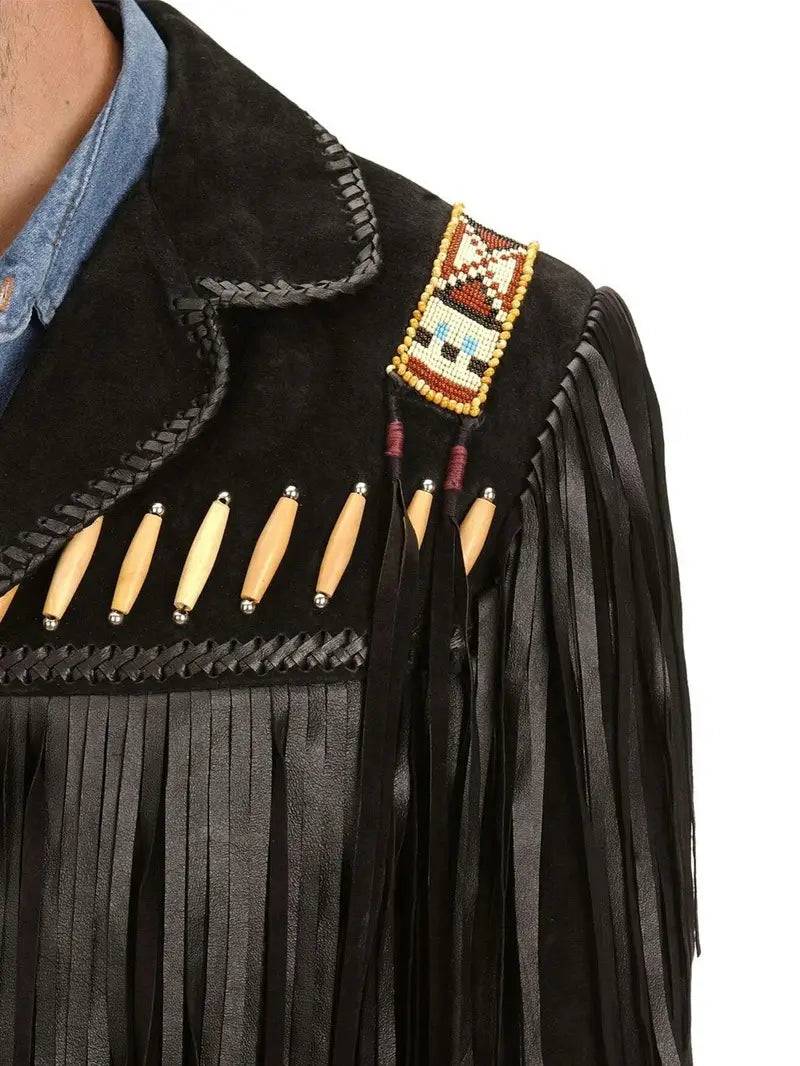 Mens Bone Beaded Fringe Leather Jacket image 2