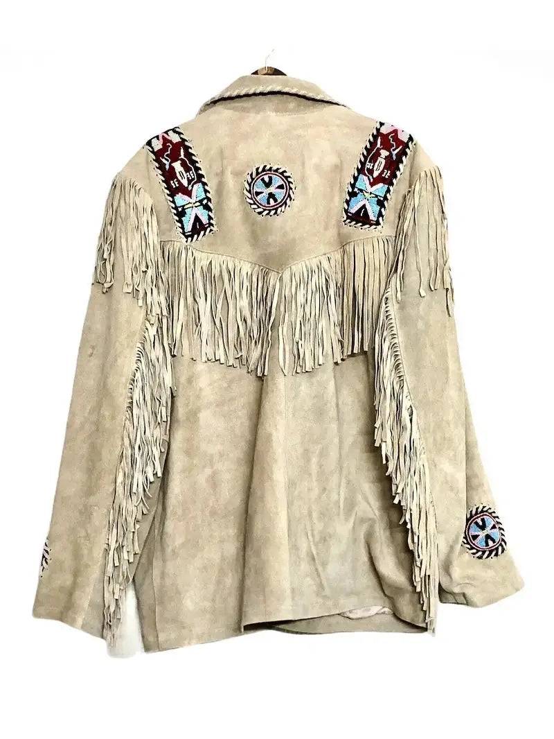Western Beaded Suede Fringe Leather jacket - Cream image 1