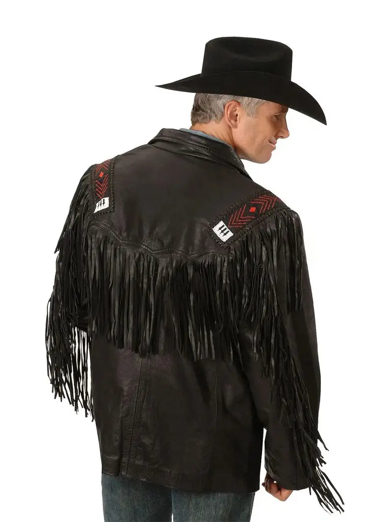 Mens Western Black Suede Fringe Leather Jacket image 1