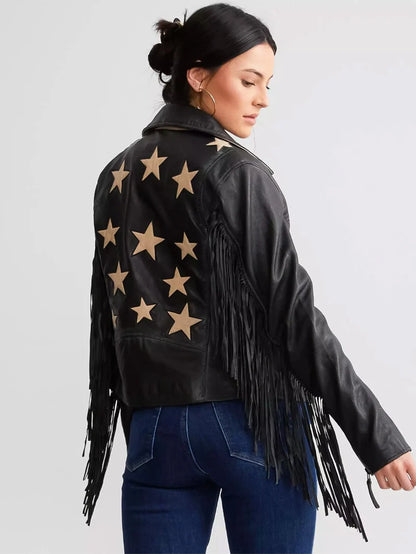 Crissy Star Leather Fringe Jacket - Black image 5