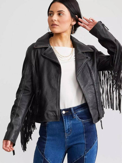 Crissy Star Leather Fringe Jacket - Black image 3