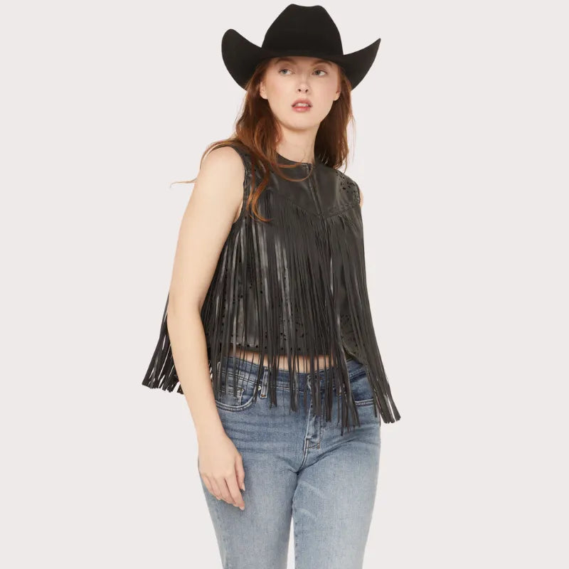 Blue B Women's Faux Leather Bandana Laser Cut Fringe Vest image 0