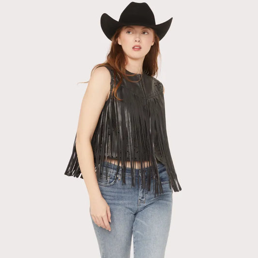 Blue B Women's Faux Leather Bandana Laser Cut Fringe Vest image 0