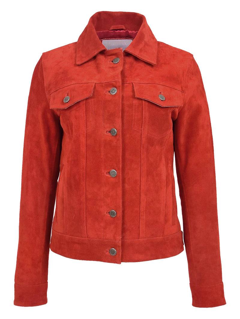 Women Trucker Red Suede Leather Jacket image 0