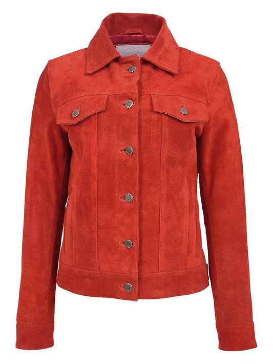 Women Trucker Red Suede Leather Jacket image 0