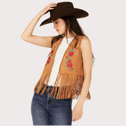 Women's Embroidered Rose Faux Suede Fringe Vest image 0