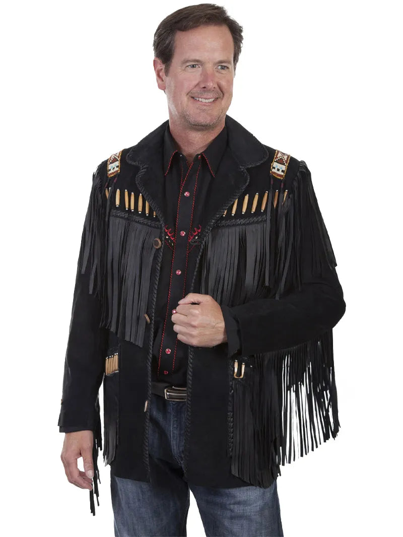 Mens Bone Beaded Fringe Leather Jacket image 0
