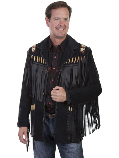Mens Bone Beaded Fringe Leather Jacket image 0
