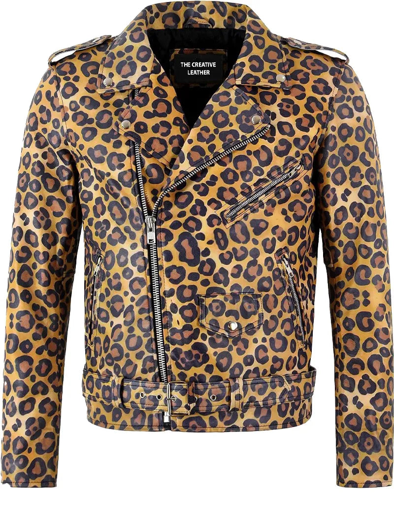 Men’s Leopard Print Biker Leather Jacket