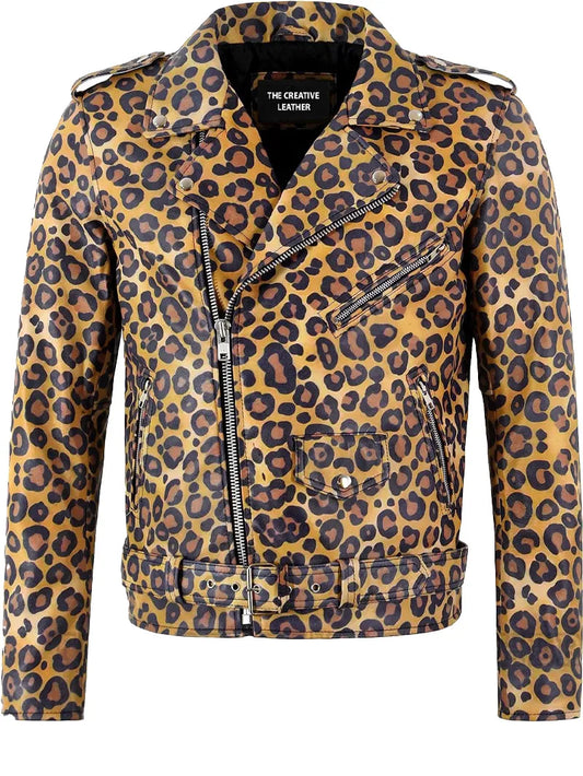 Men’s Leopard Print Biker Leather Jacket