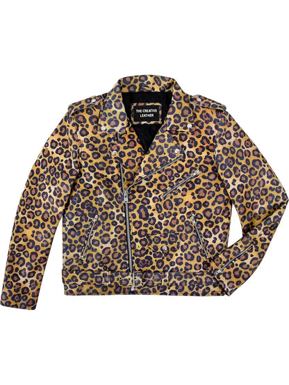 Men’s Leopard Print Biker Leather Jacket