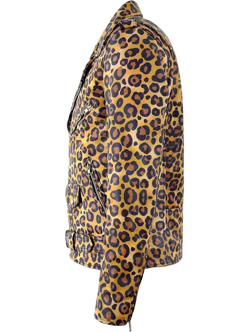 Men’s Leopard Print Biker Leather Jacket