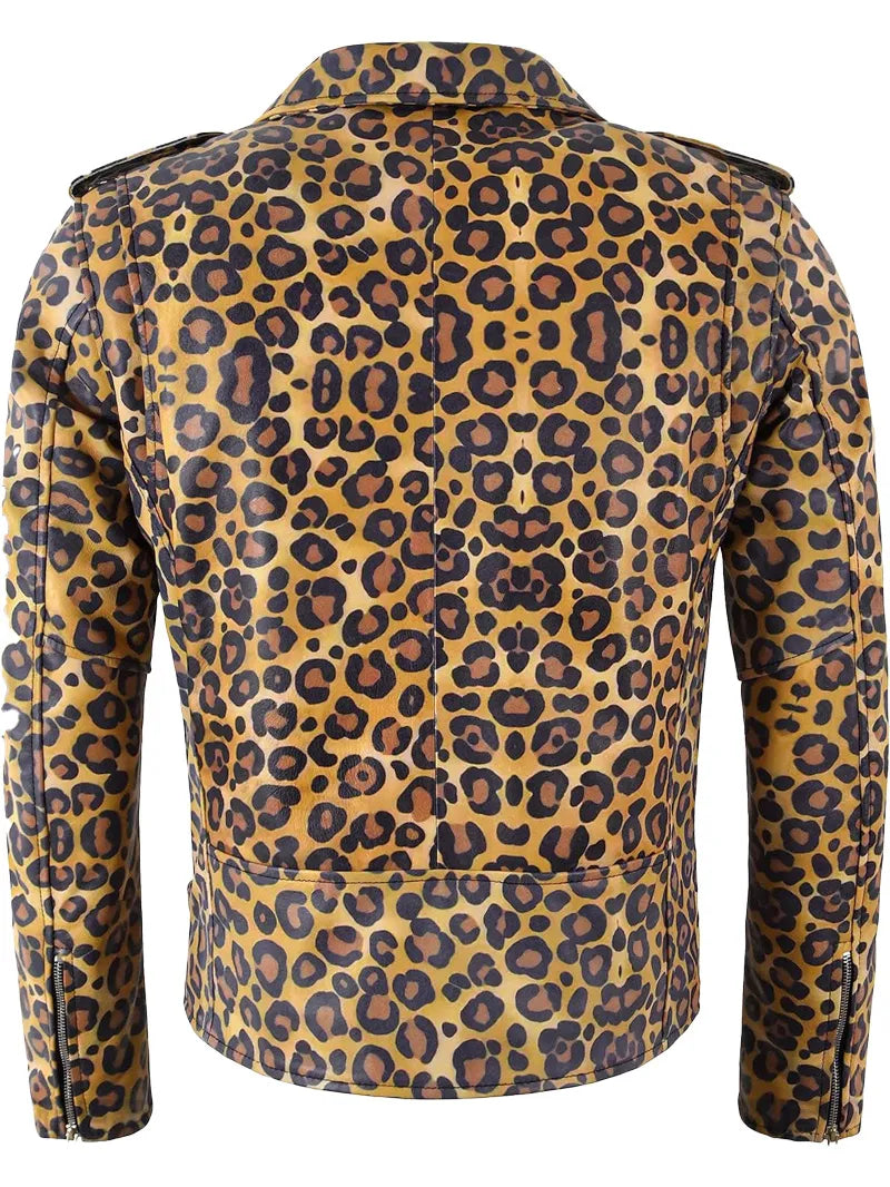 Men’s Leopard Print Biker Leather Jacket