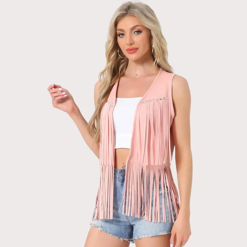 Women's 70s Western Open Front Faux Suede Fringe Vest image 1