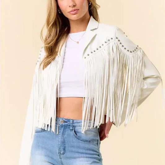 Women Fringe Stud Leather Jacket image 0